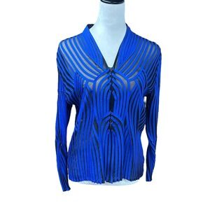 Sheer Mesh Geometric Evening Jacket Top Blue‎ Black Size 10 Modern Vintage Chic
